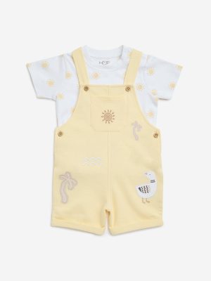 HOP Baby Yellow Sun Print Cotton Dungaree with T-Shirt Set