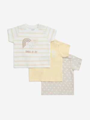 HOP Baby Yellow Printed Cotton T-Shirt- Pack of 3