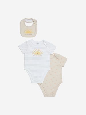 HOP Baby Beige Printed Cotton Rompers with Bib - Set of 2