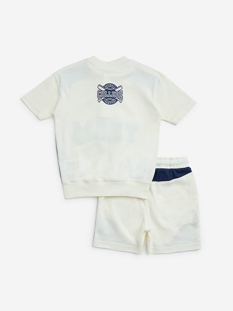 HOP Kids Off-White Text Design Cotton T-Shirt with Shorts Set - Image 2