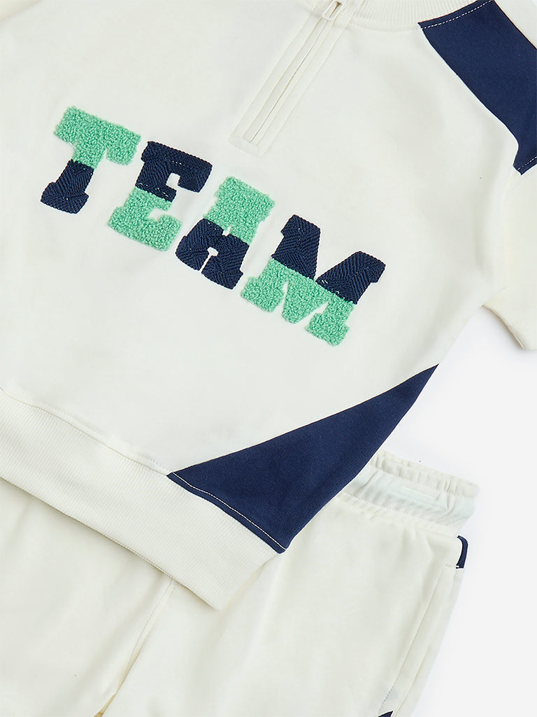 HOP Kids Off-White Text Design Cotton T-Shirt with Shorts Set - Image 3