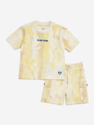 HOP Kids Yellow Tie-Dye Printed Cotton T-Shirt and Shorts Set