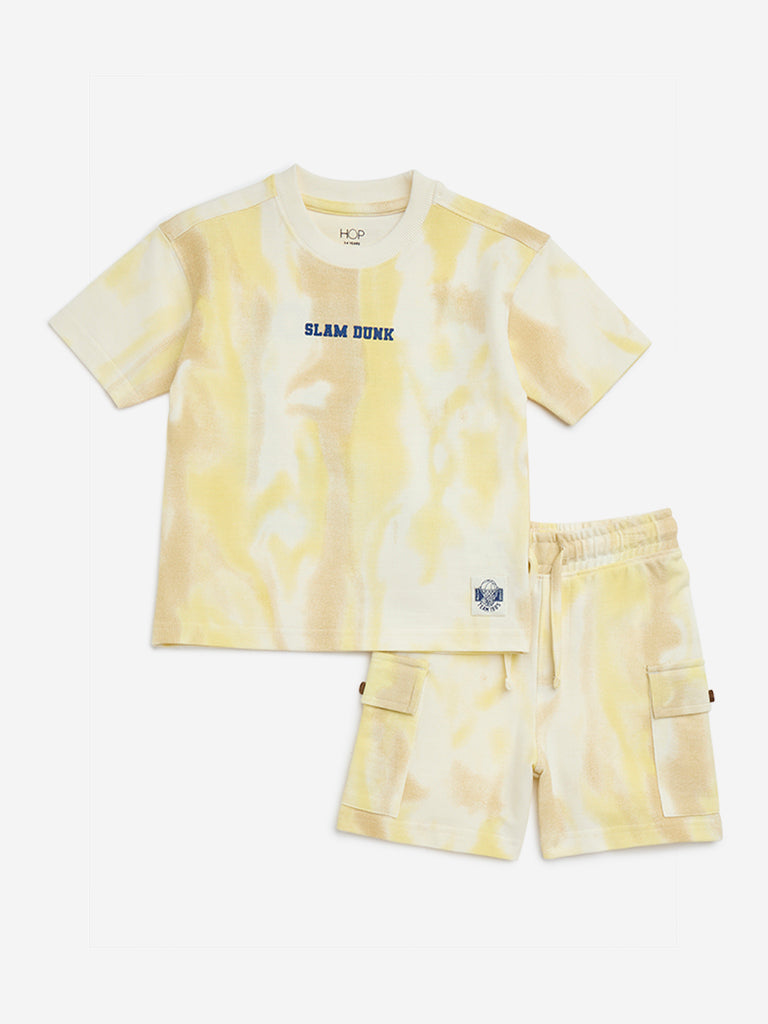 HOP Kids Yellow Tie-Dye Printed Cotton T-Shirt and Shorts Set
