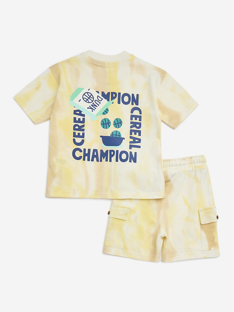 HOP Kids Yellow Tie-Dye Printed Cotton T-Shirt and Shorts Set - Image 2