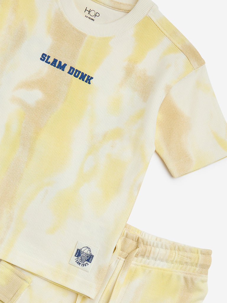 HOP Kids Yellow Tie-Dye Printed Cotton T-Shirt and Shorts Set - Image 3