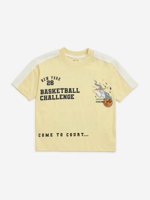 HOP Kids Yellow Text Printed Cotton T-Shirt