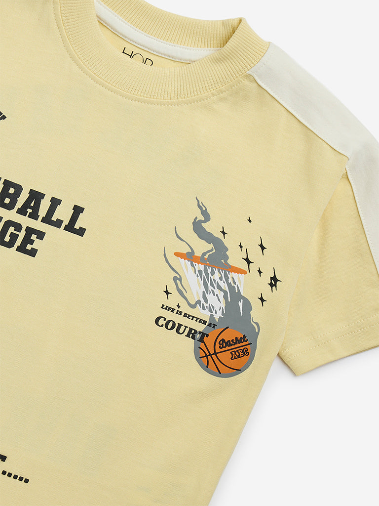 HOP Kids Yellow Text Printed Cotton T-Shirt - Image 3