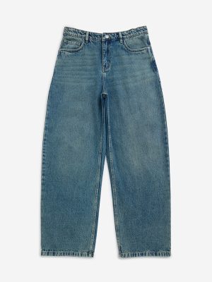 Y&F Kids Blue Washed Straight-Fit High-Rise Jeans