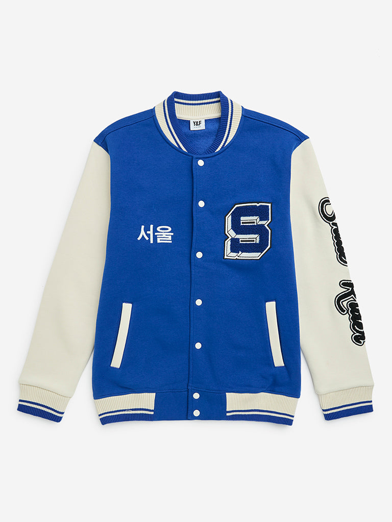 Y&F Kids Blue Text Printed Cotton-Blend Varsity Jacket