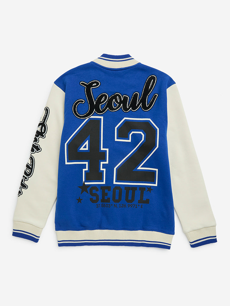 Y&F Kids Blue Text Printed Cotton-Blend Varsity Jacket - Image 2