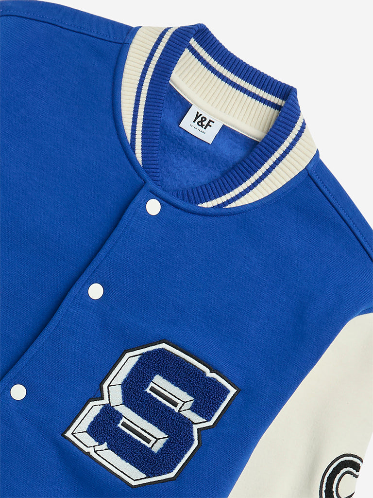 Y&F Kids Blue Text Printed Cotton-Blend Varsity Jacket - Image 3