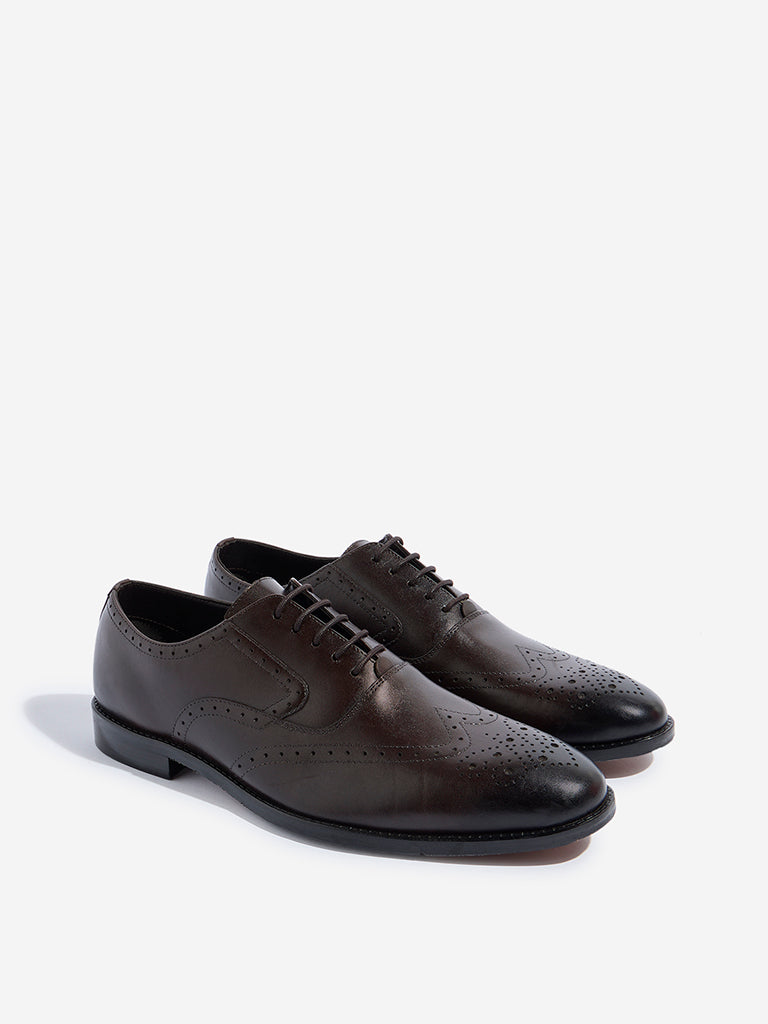 SOLEPLAY Brown Perforated Design Leather Oxford Shoes - Image 2