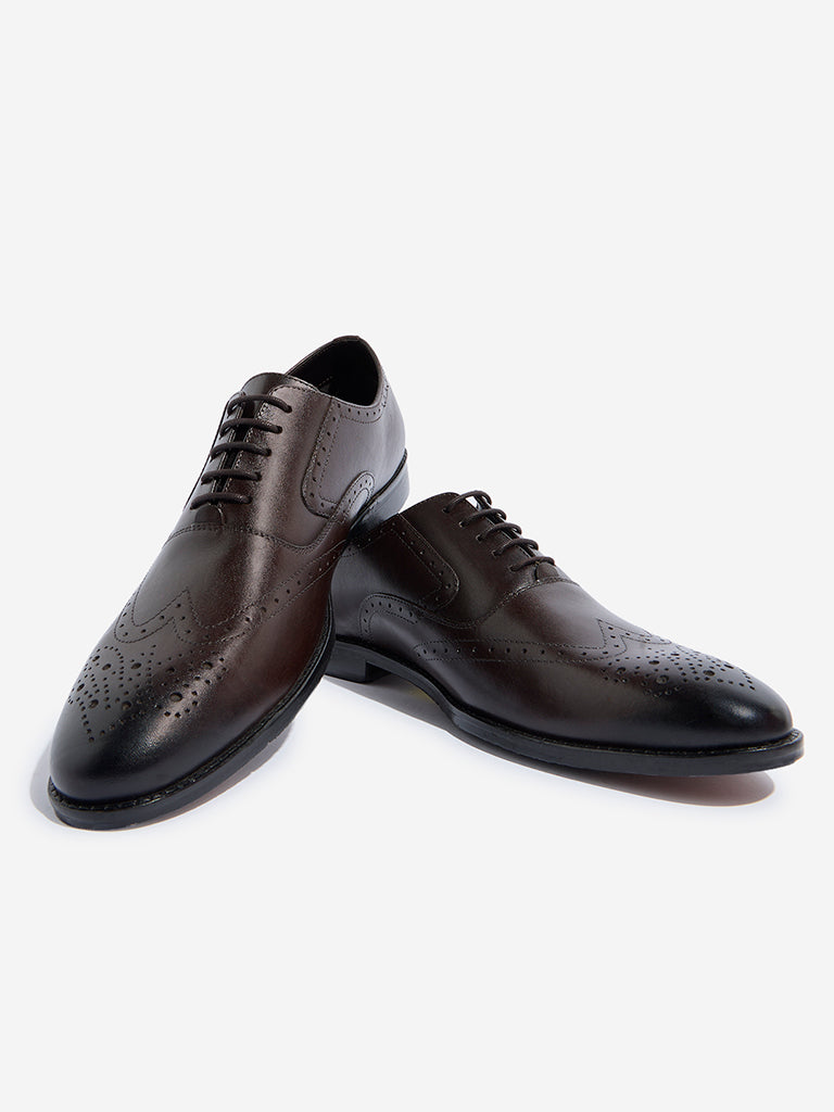 SOLEPLAY Brown Perforated Design Leather Oxford Shoes - Image 3