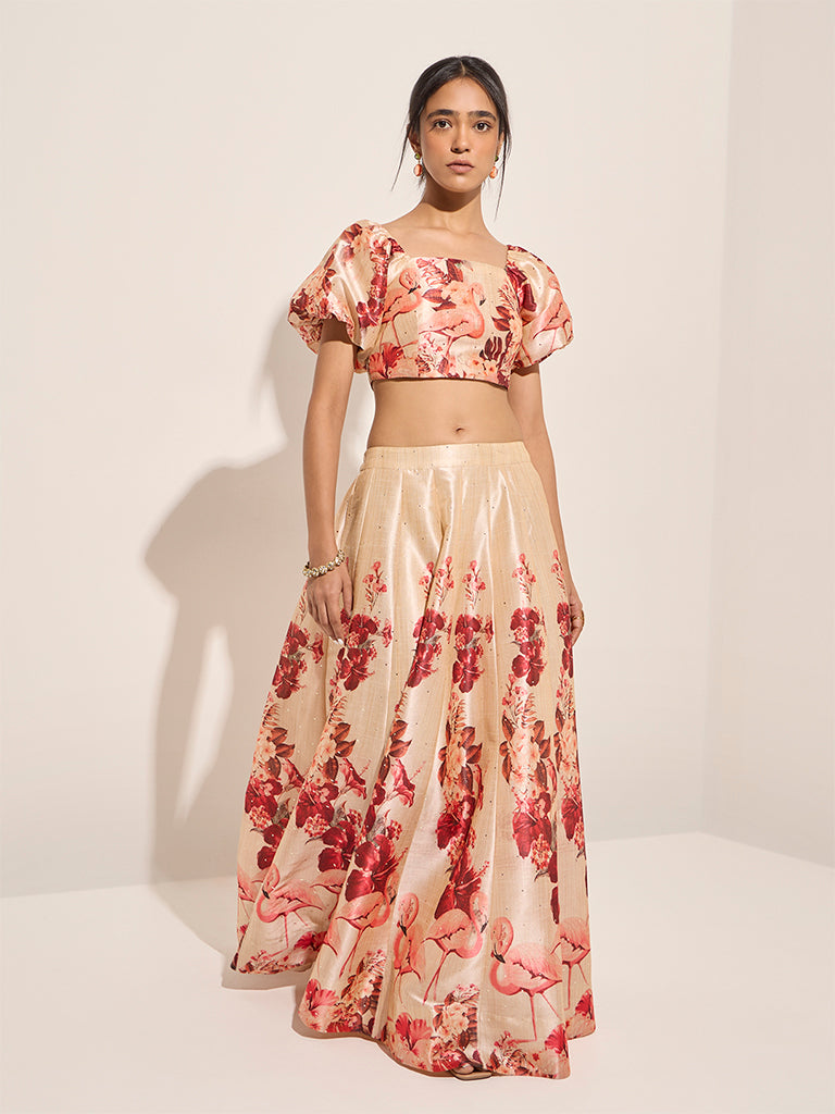 Vark Beige Floral Printed Skirt - Image 3