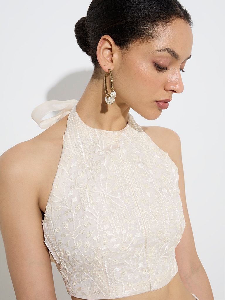 Vark Off-White Floral Embroidered Halter-Neck Top - Image 2