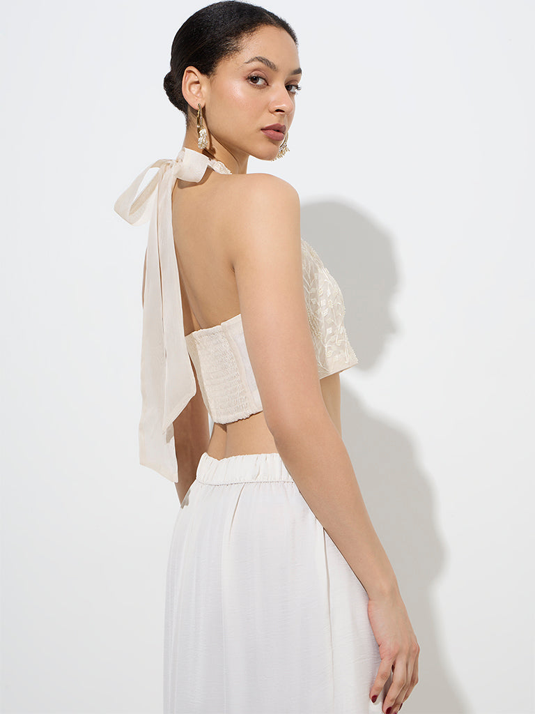 Vark Off-White Floral Embroidered Halter-Neck Top - Image 4