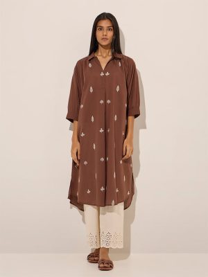 Utsa Brown Floral Embroidered High-Low Cotton-Blend Kurta