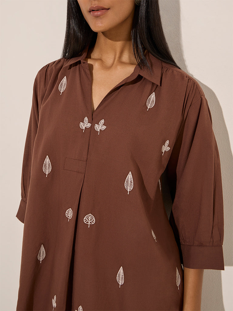 Utsa Brown Floral Embroidered High-Low Cotton-Blend Kurta - Image 2