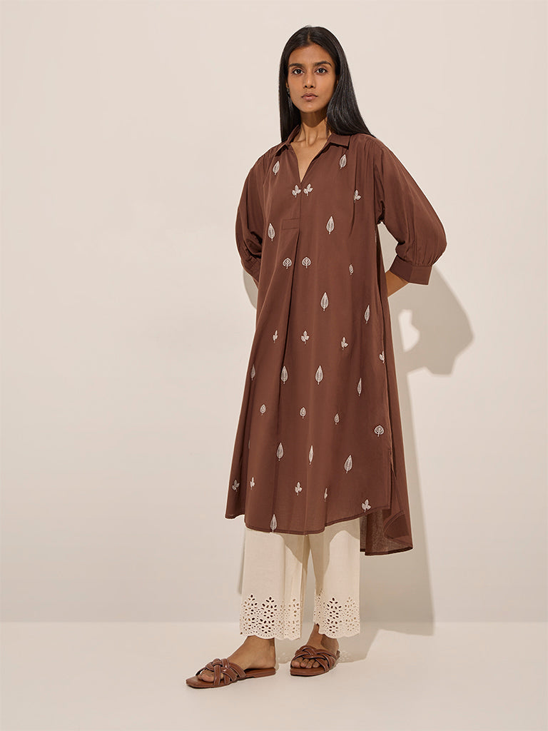 Utsa Brown Floral Embroidered High-Low Cotton-Blend Kurta - Image 3