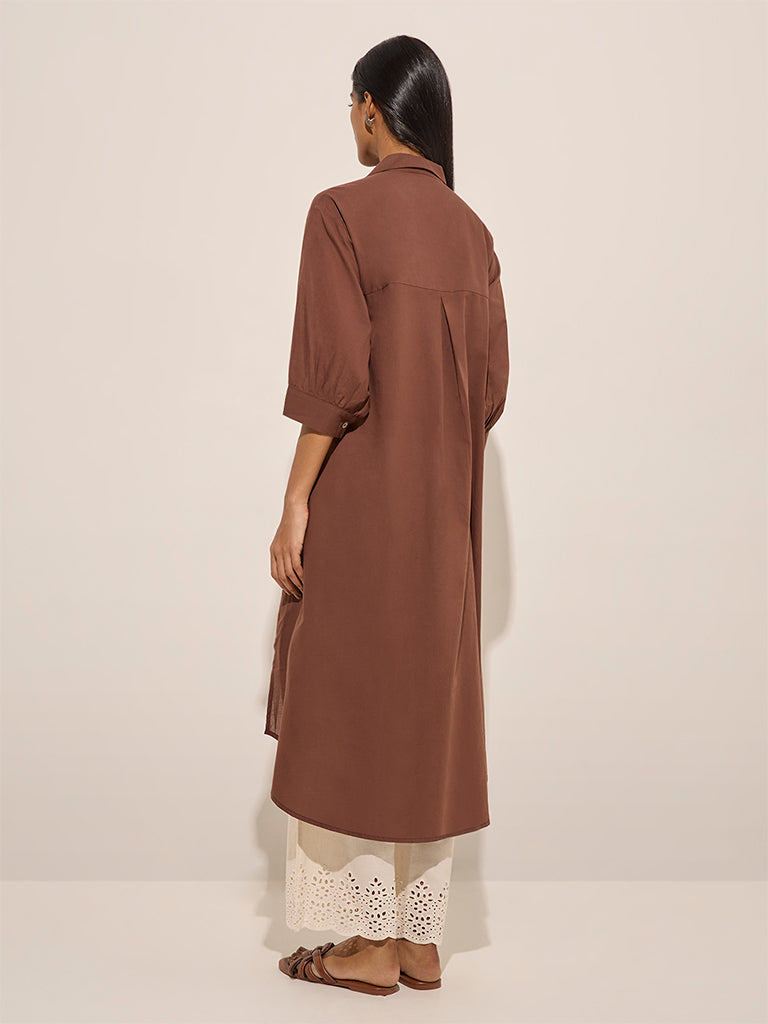 Utsa Brown Floral Embroidered High-Low Cotton-Blend Kurta - Image 4