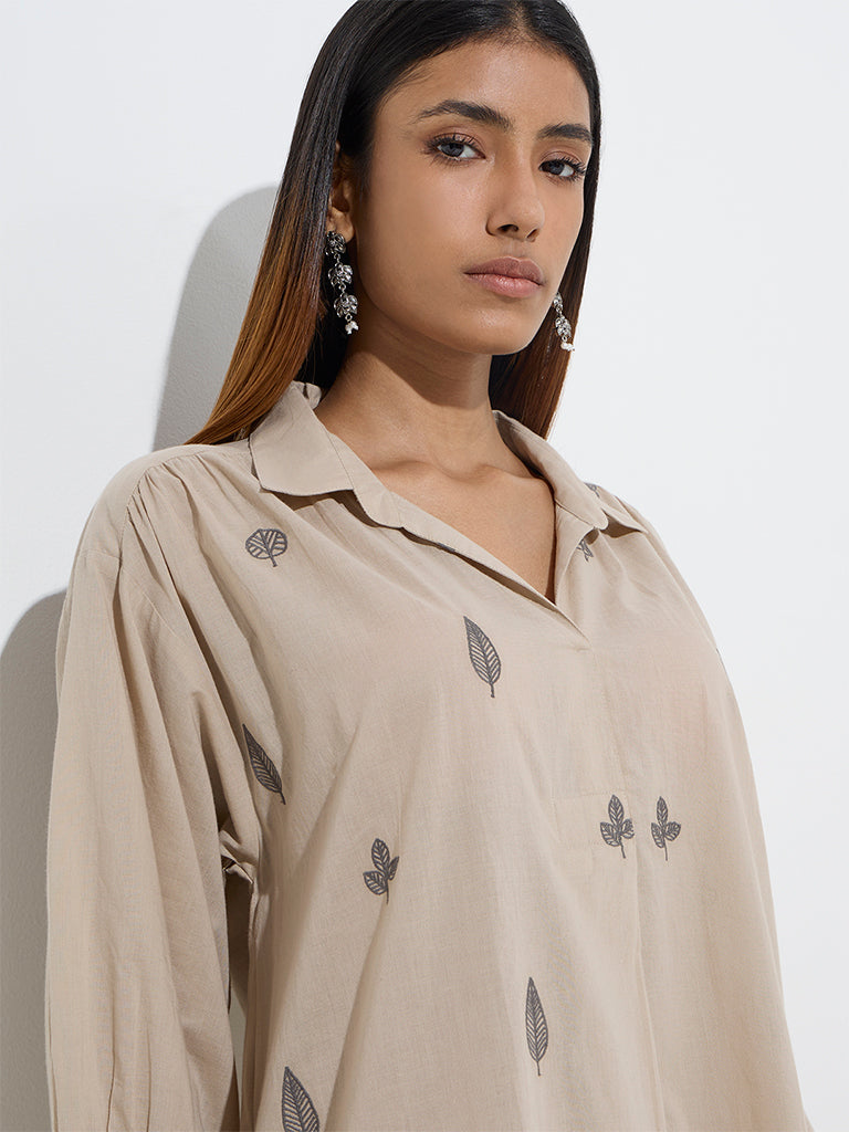 Utsa Beige Leaf Embroidered A-Line Cotton Kurta - Image 2