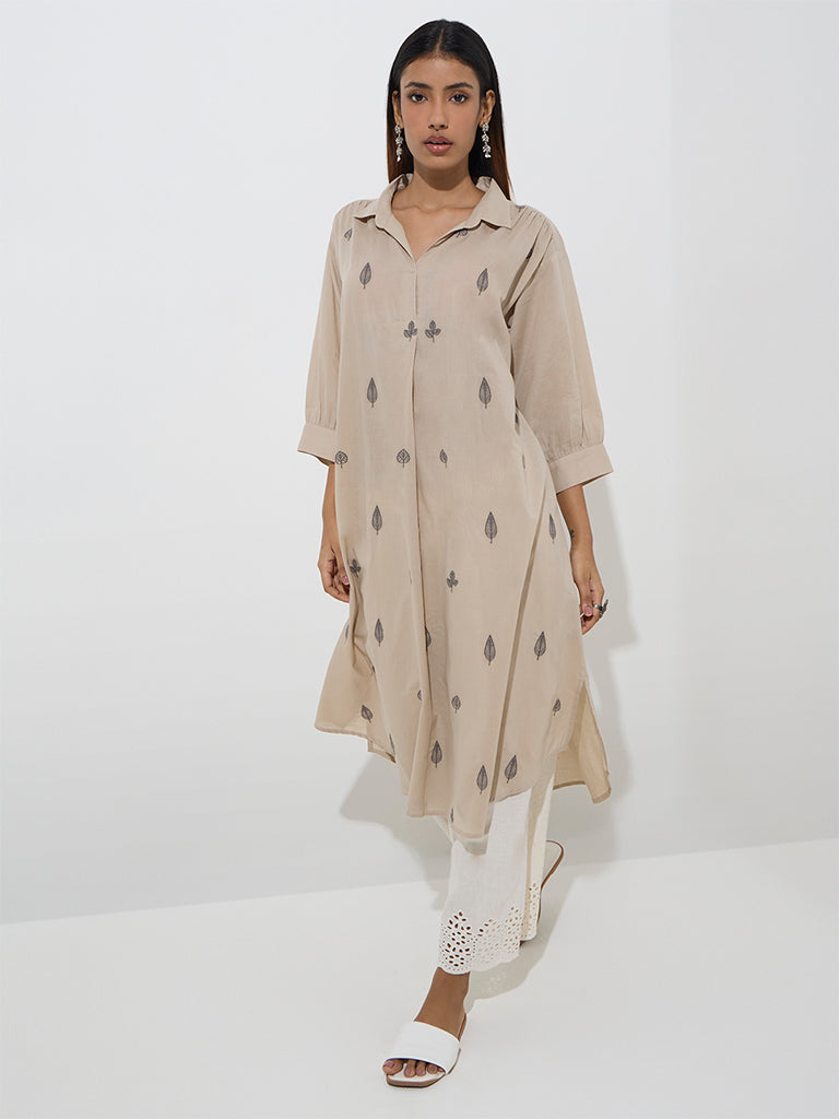 Utsa Beige Leaf Embroidered A-Line Cotton Kurta - Image 3