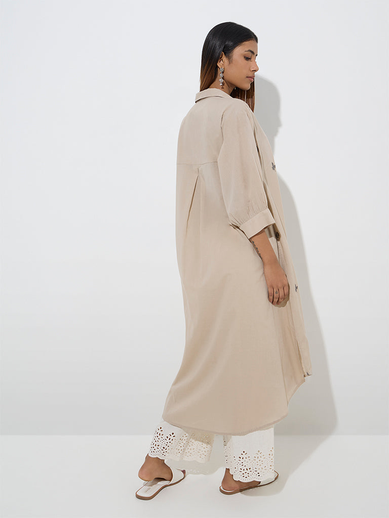 Utsa Beige Leaf Embroidered A-Line Cotton Kurta - Image 4