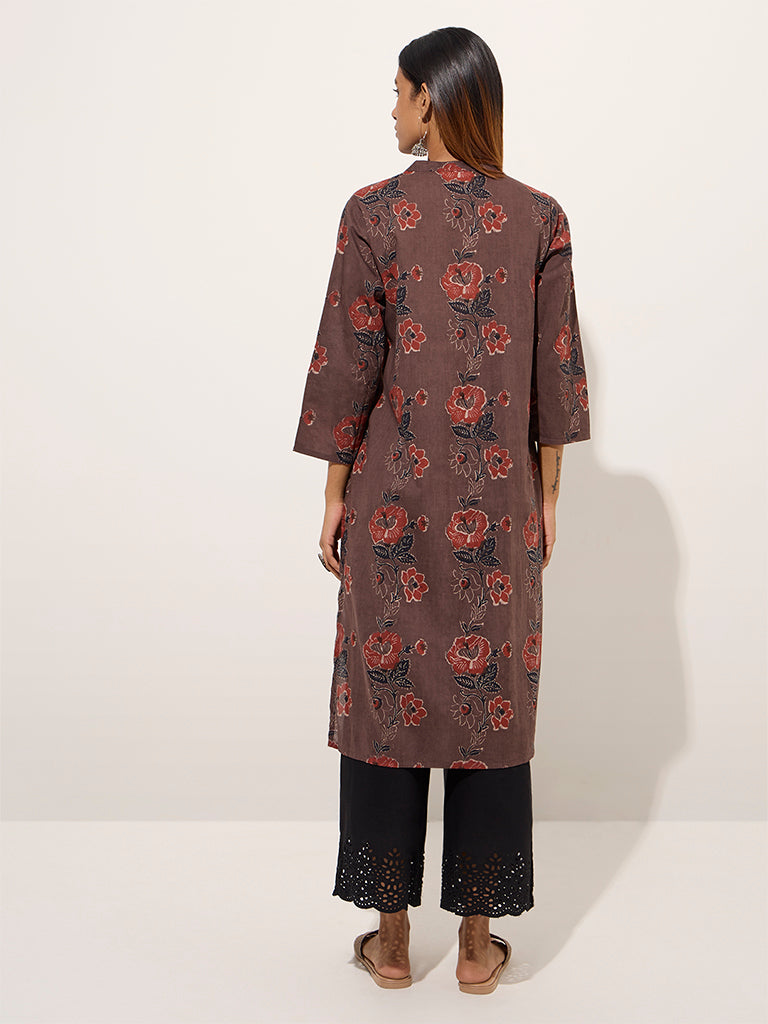 Utsa Brown Floral Printed Straight Cotton Kurta - Image 4