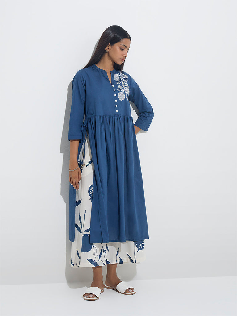 Utsa Blue Anar Pattern Fit-and-Flare Cotton Kurta