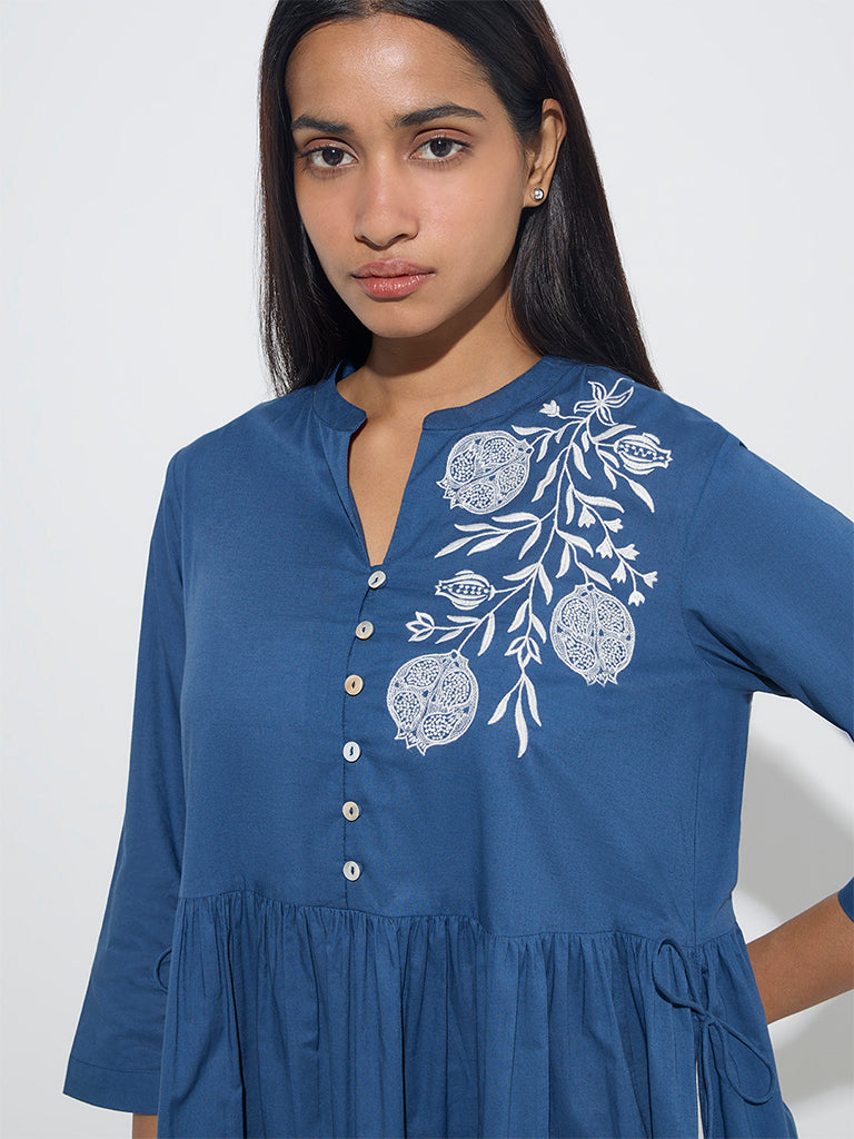 Utsa Blue Anar Pattern Fit-and-Flare Cotton Kurta - Image 2