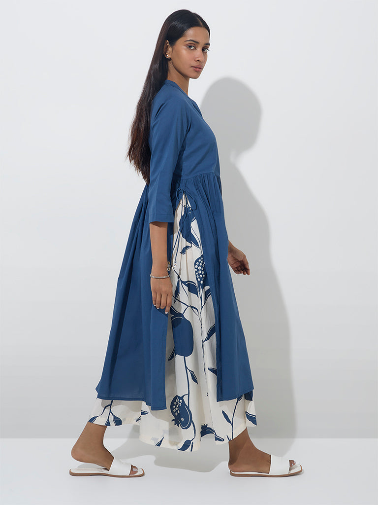 Utsa Blue Anar Pattern Fit-and-Flare Cotton Kurta - Image 3