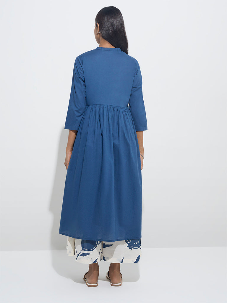 Utsa Blue Anar Pattern Fit-and-Flare Cotton Kurta - Image 4