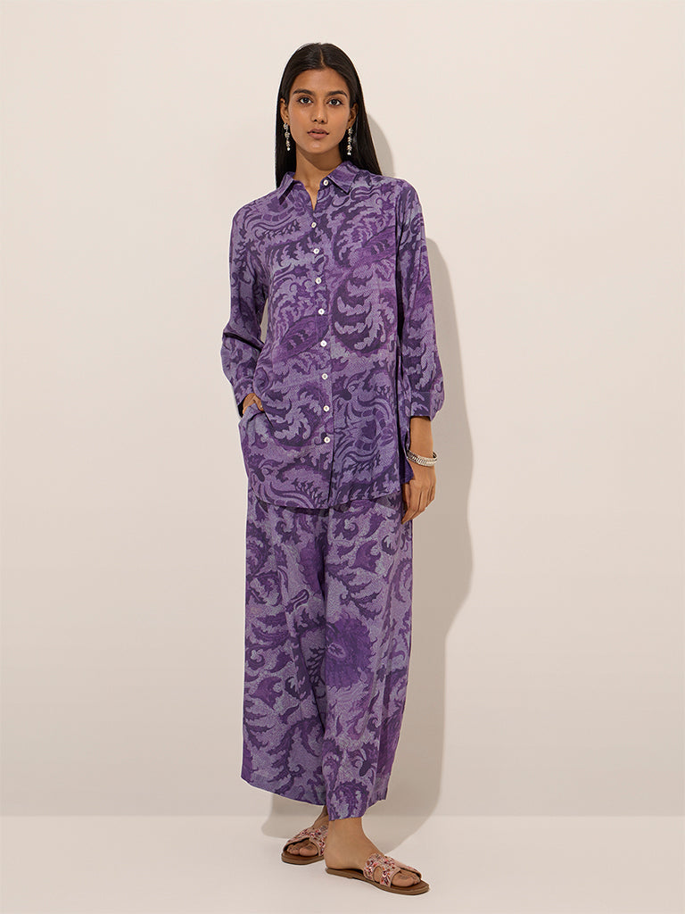 Utsa Purple Botanical Printed Palazzos - Image 4