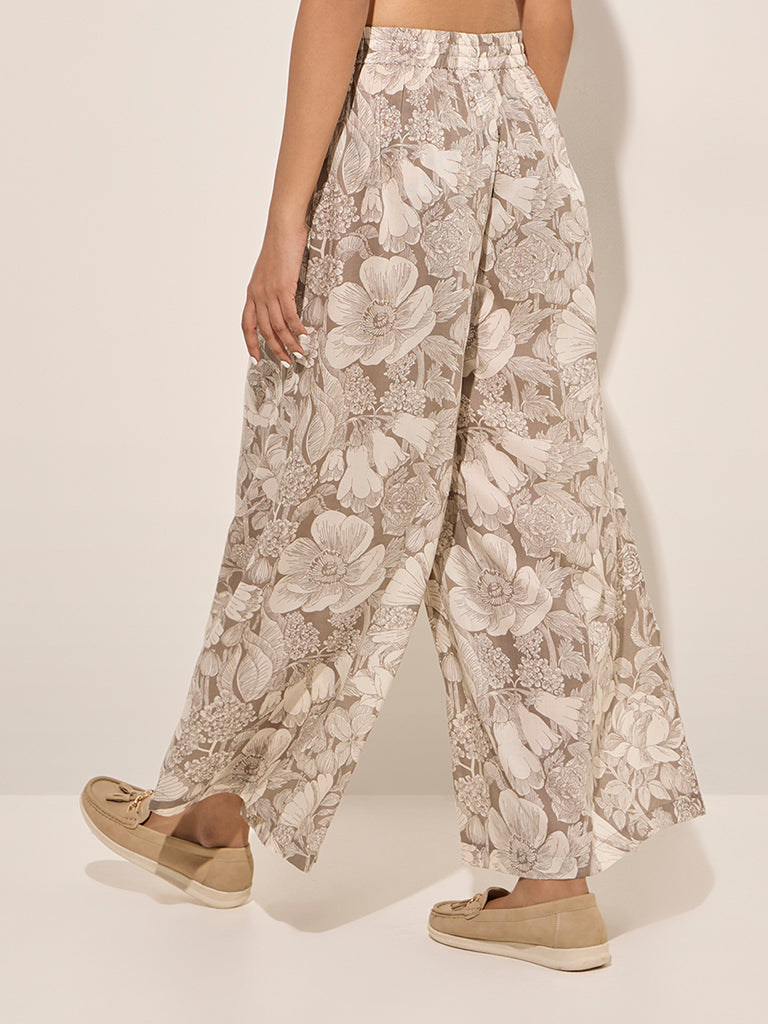 Zuba Brown Floral Printed Cotton Ethnic Pants - Image 2