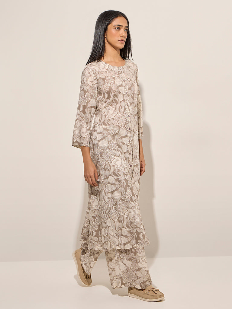 Zuba Brown Floral Printed Cotton Ethnic Pants - Image 3