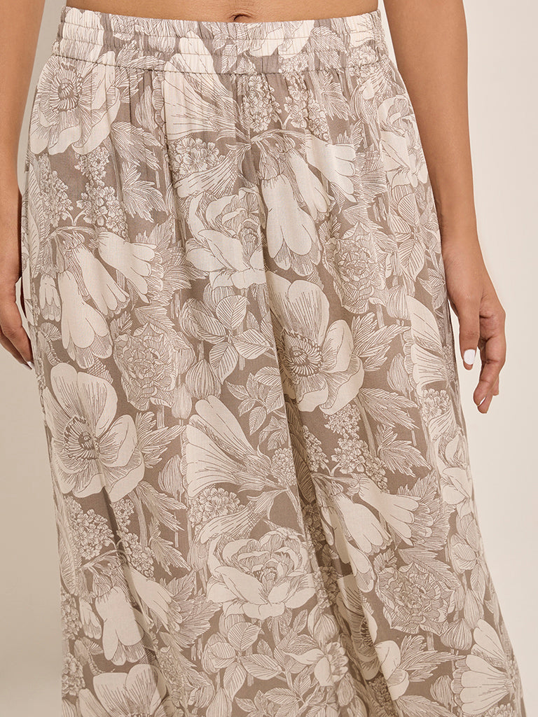 Zuba Brown Floral Printed Cotton Ethnic Pants - Image 4