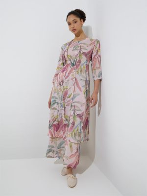 Zuba Dusty Pink Foliage Patterned A-Line Kurta