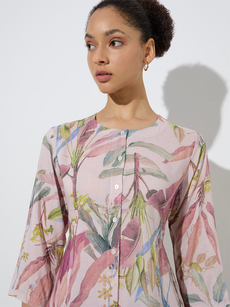 Zuba Dusty Pink Foliage Patterned A-Line Kurta - Image 2