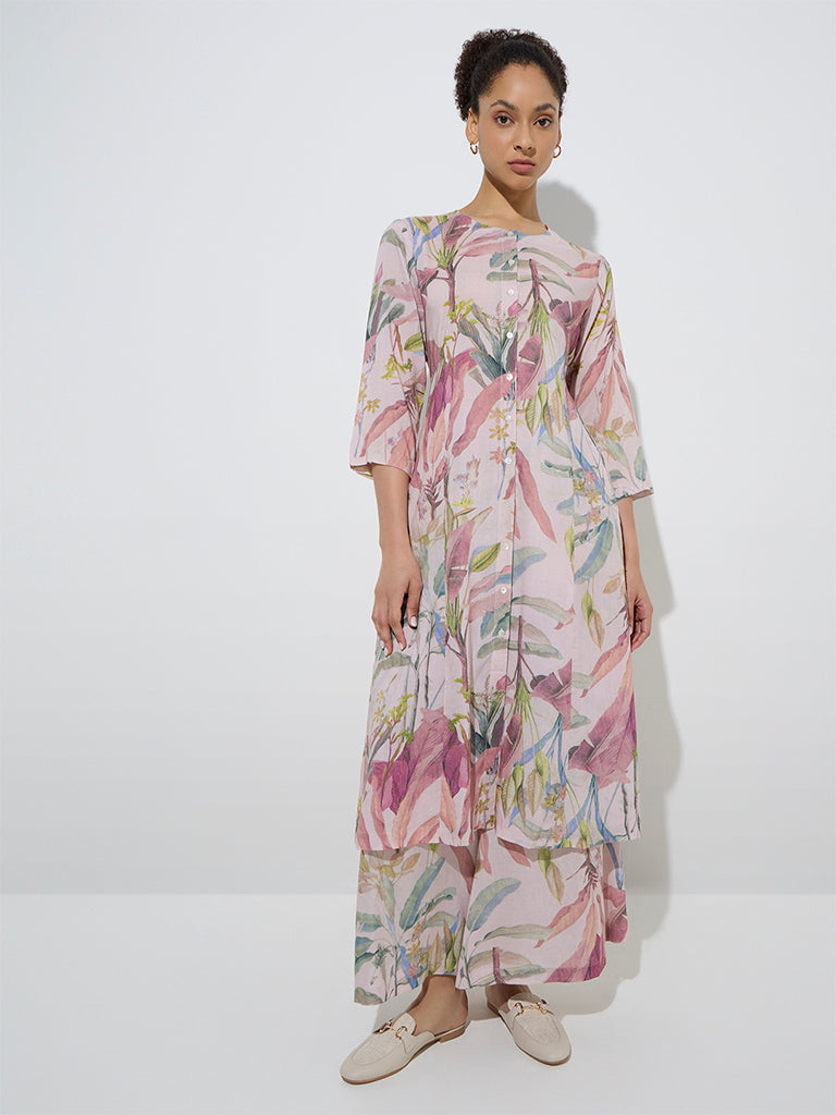 Zuba Dusty Pink Foliage Patterned A-Line Kurta - Image 3