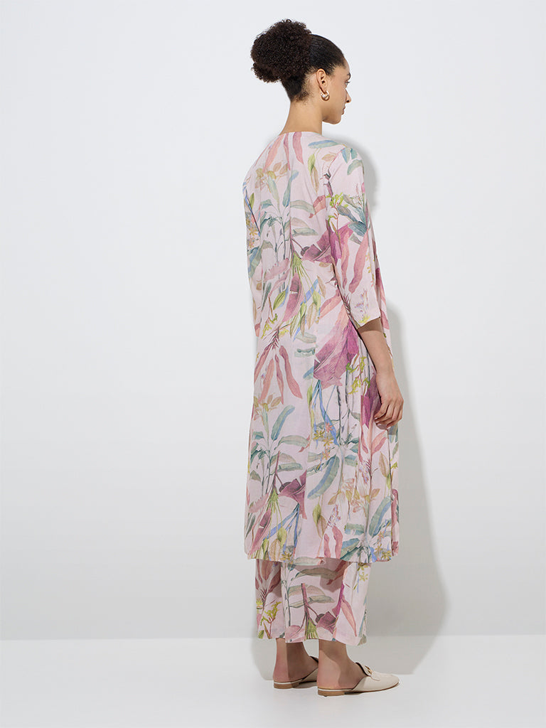 Zuba Dusty Pink Foliage Patterned A-Line Kurta - Image 4