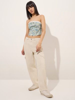 Nuon Beige Cargo-Style Relaxed-Fit Mid-Rise Jeans