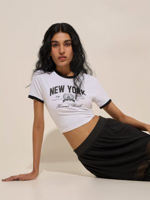 Nuon White Text Printed Cotton-Blend Crop T-Shirt