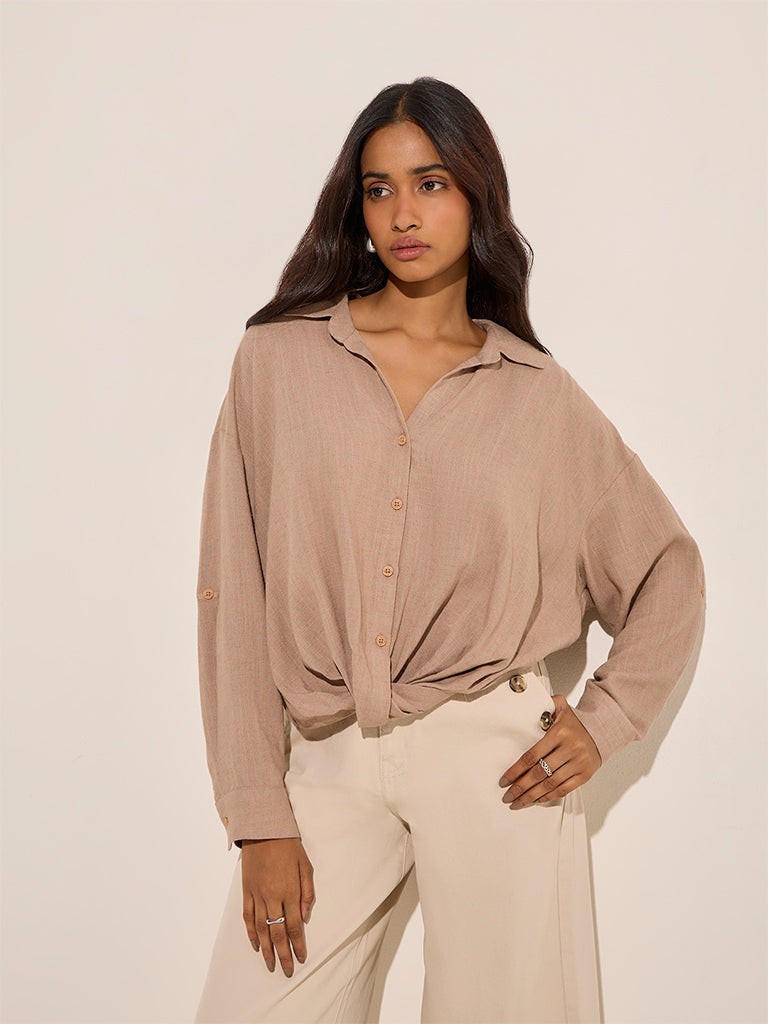 LOV Beige Knot-Detailed Linen-Blend Shirt