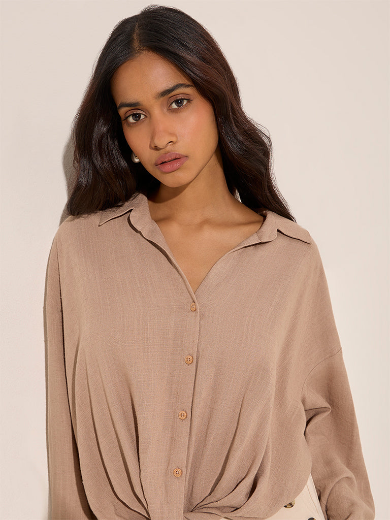LOV Beige Knot-Detailed Linen-Blend Shirt - Image 2