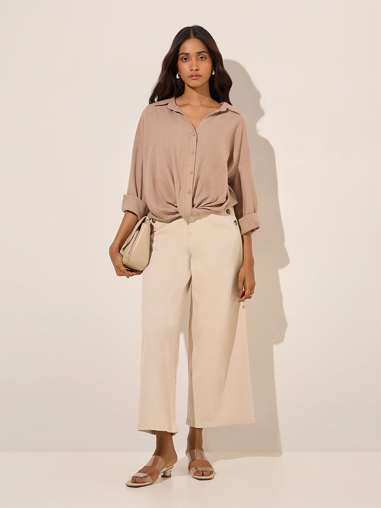 LOV Beige Knot-Detailed Linen-Blend Shirt - Image 3