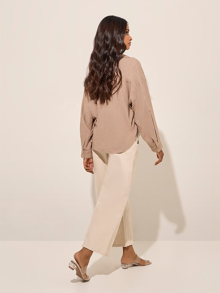 LOV Beige Knot-Detailed Linen-Blend Shirt - Image 4