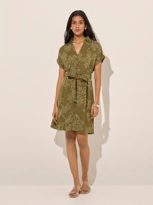 LOV Olive Floral A-Line Dress with Belt