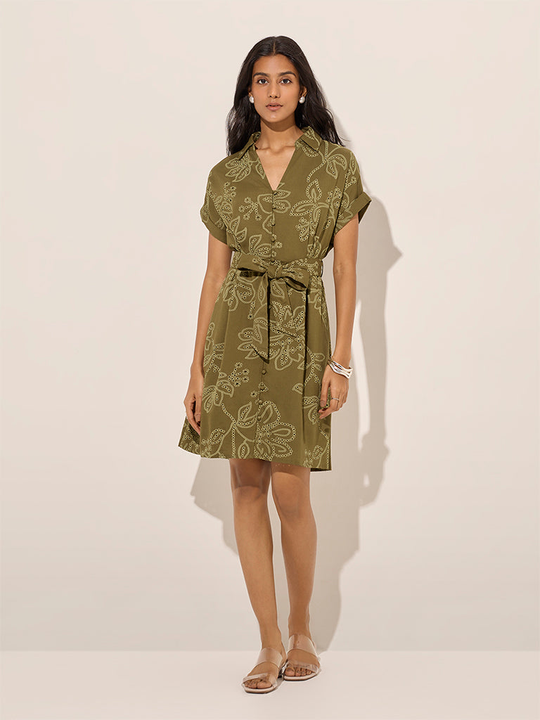 LOV Olive Floral A-Line Dress with Belt