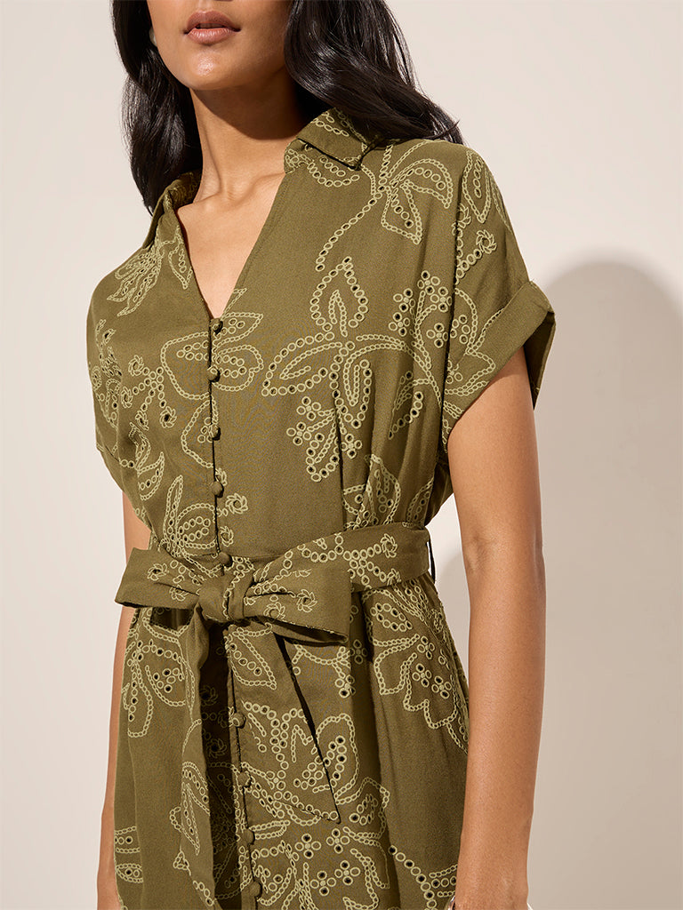 LOV Olive Floral A-Line Dress with Belt - Image 2