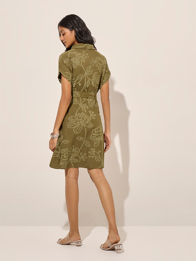 LOV Olive Floral A-Line Dress with Belt - Image 4